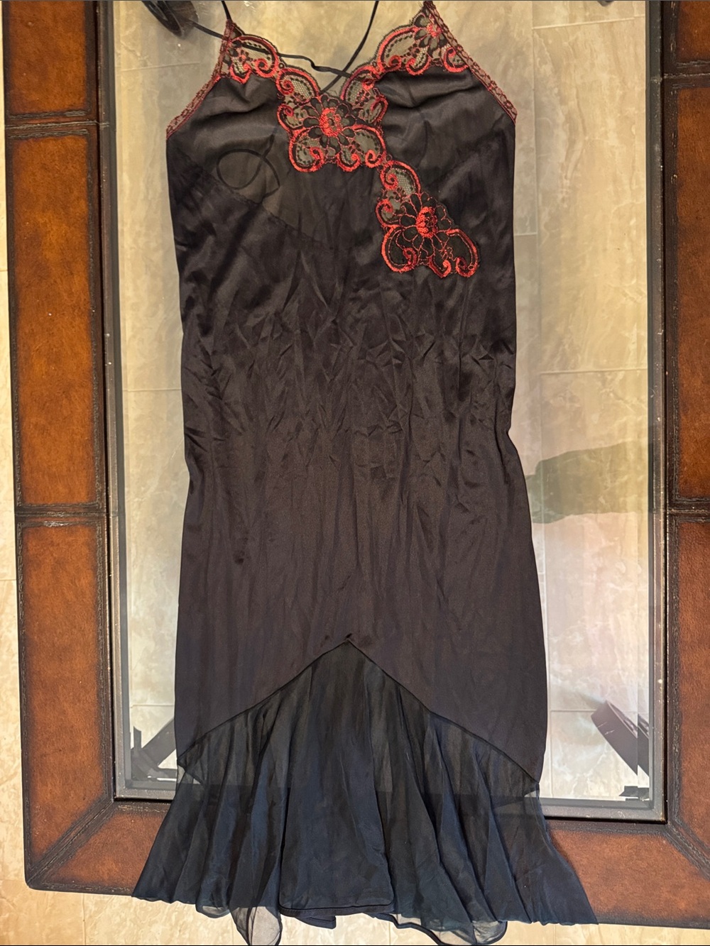 Vintage Undercover Wear Black Slip Dress with Red Floral Embroidery